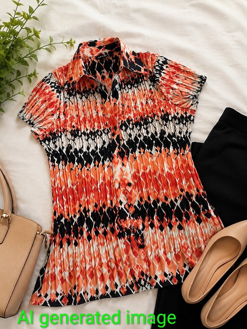 Apt. 9 Orange, Black & White Short-Sleeve Pleated Button-Down Top